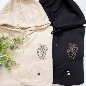 Heart Sketch Hoodie or Sweatshirt with Embroidered, Initial on Sleeve