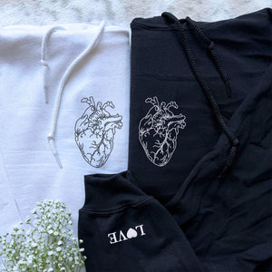 Heart Sketch Hoodie or Sweatshirt with Embroidered, Initial on Sleeve