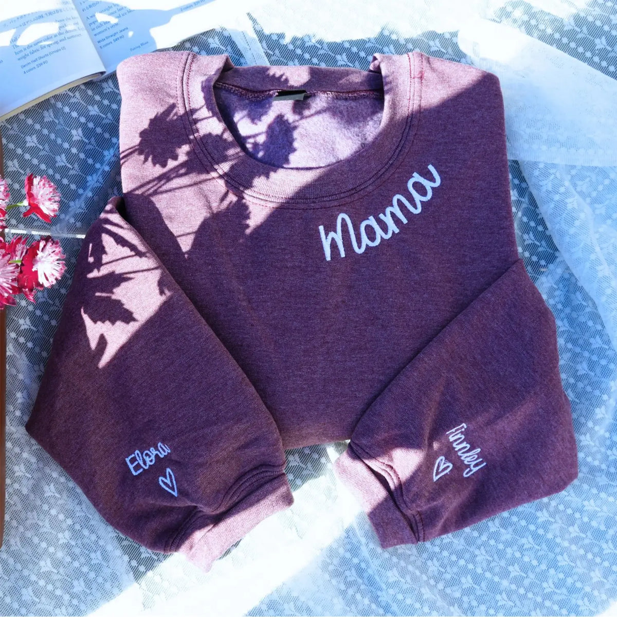 Custom Mama embroidered sweatshirt with kids names on sleeve - personalized gift for moms