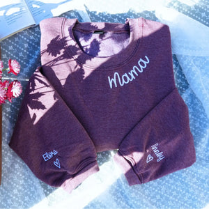 Custom Mama embroidered sweatshirt with kids names on sleeve - personalized gift for moms