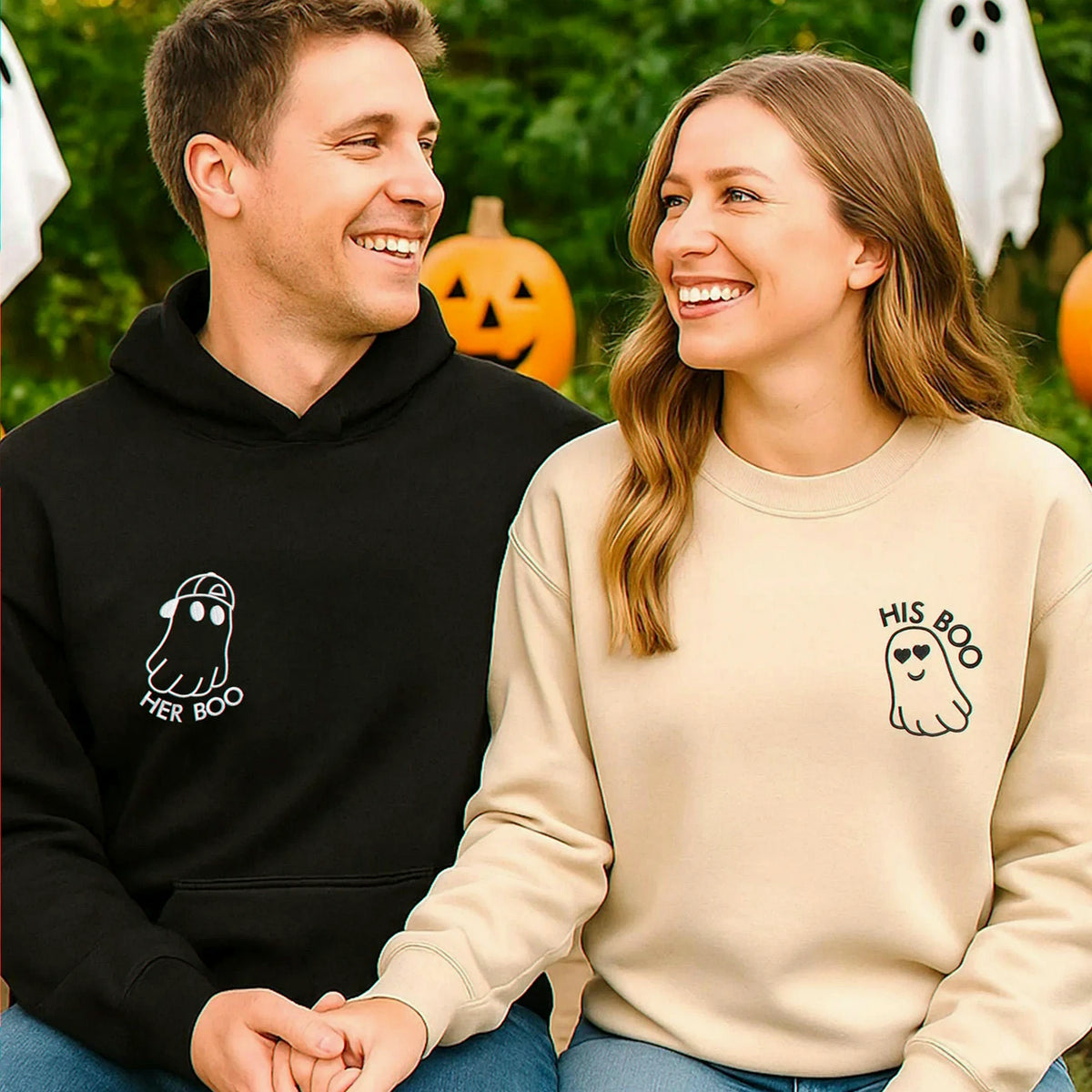 Embroidered His Boo Her Boo Sweatshirt, Personalized Sleeve for Him Her