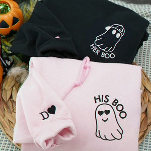 Embroidered His Boo Her Boo Sweatshirt, Personalized Sleeve for Him Her