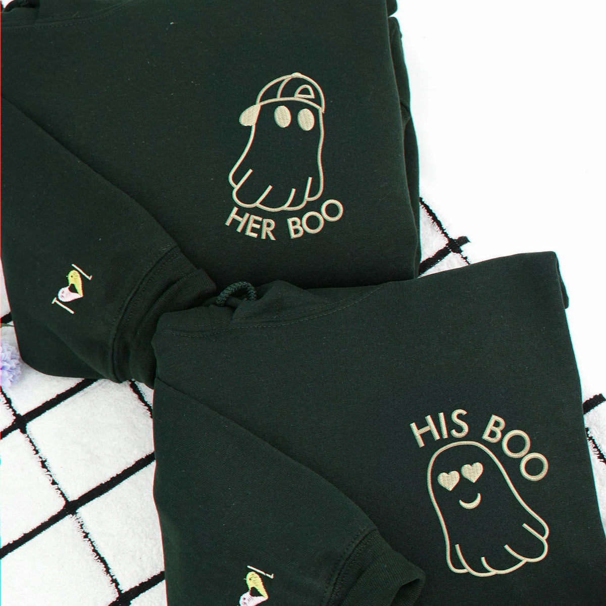 Embroidered His Boo Her Boo Sweatshirt, Personalized Sleeve for Him Her