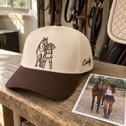 Custom Horse Girl Outline Snapback Hats  - Minimalist Embroidered Pet Photo on Two Tones Hat - Gift for Her