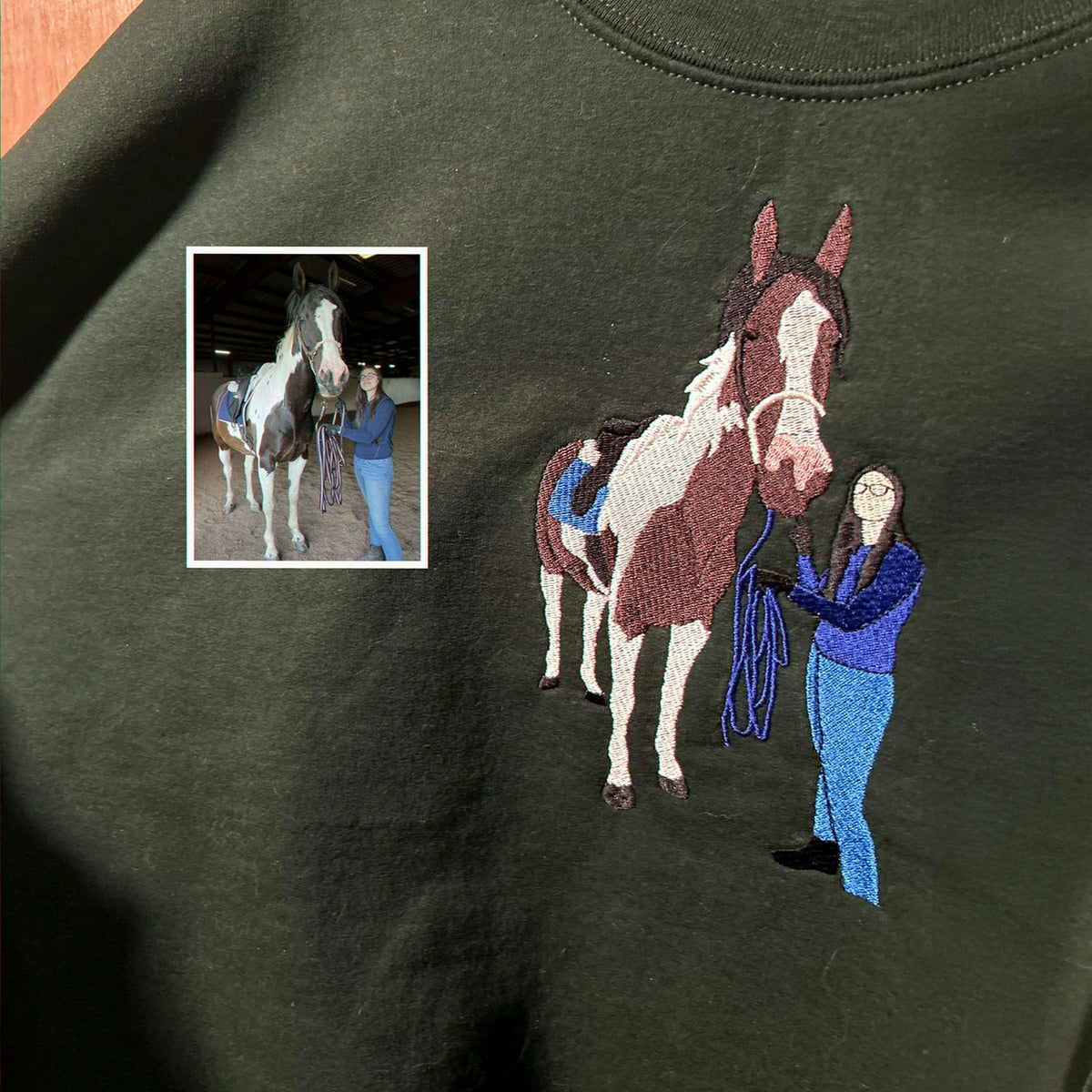 A custom embroidered horse forest green sweatshirt made from your photo, perfect for horse girls, equestrian friends, cowgirls, and meaningful barn memories.