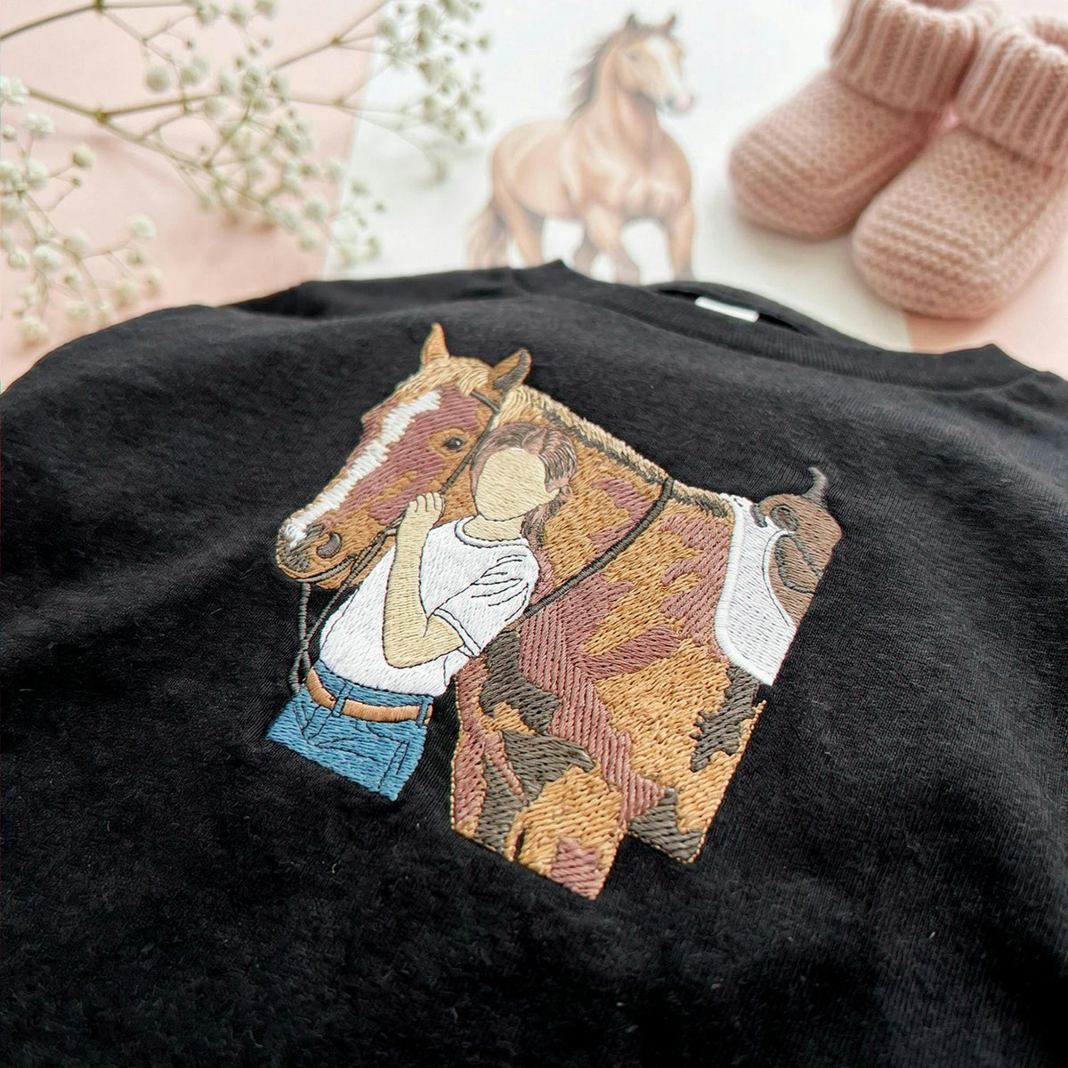Custom Horse Portrait T-Shirt, Embroidered Horse Girls Photo, Equestrian Gifts For Young Girls