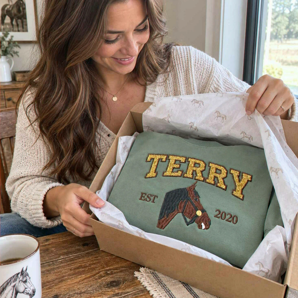 Custom Glitter Horse Portrait Sweatshirt, Embroidered Horse Girl Applique Crewneck, Western Cowboy Girls Gift