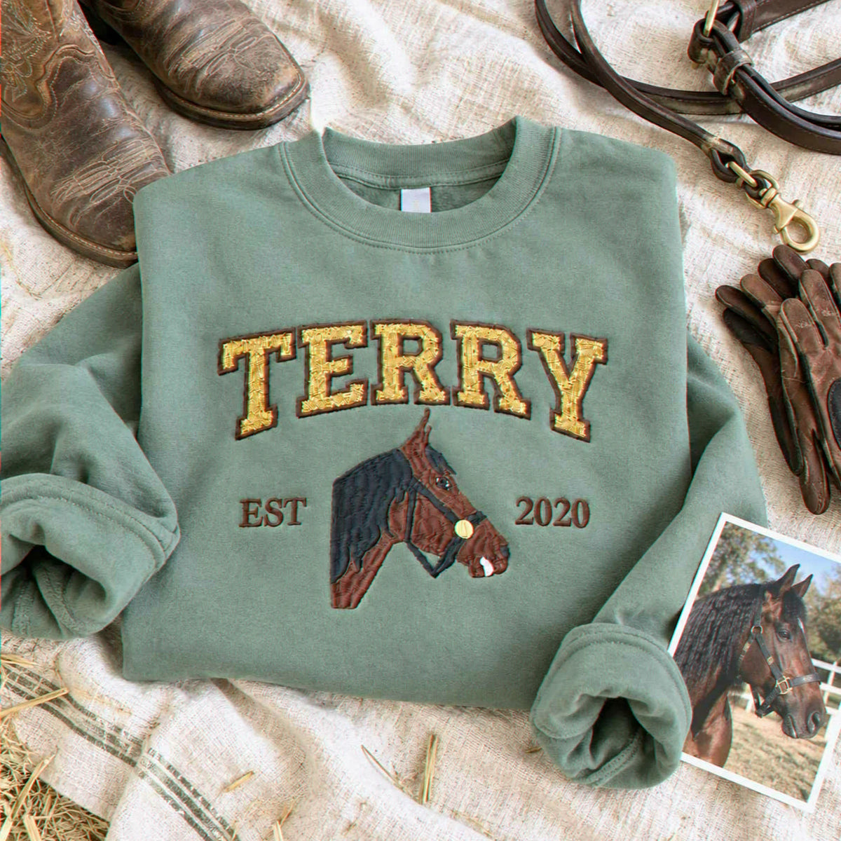 Custom Glitter Horse Portrait Sweatshirt, Embroidered Horse Girl Applique Crewneck, Western Cowboy Girls Gift