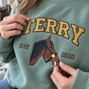 Custom Glitter Horse Portrait Sweatshirt, Embroidered Horse Girl Applique Crewneck, Western Cowboy Girls Gift