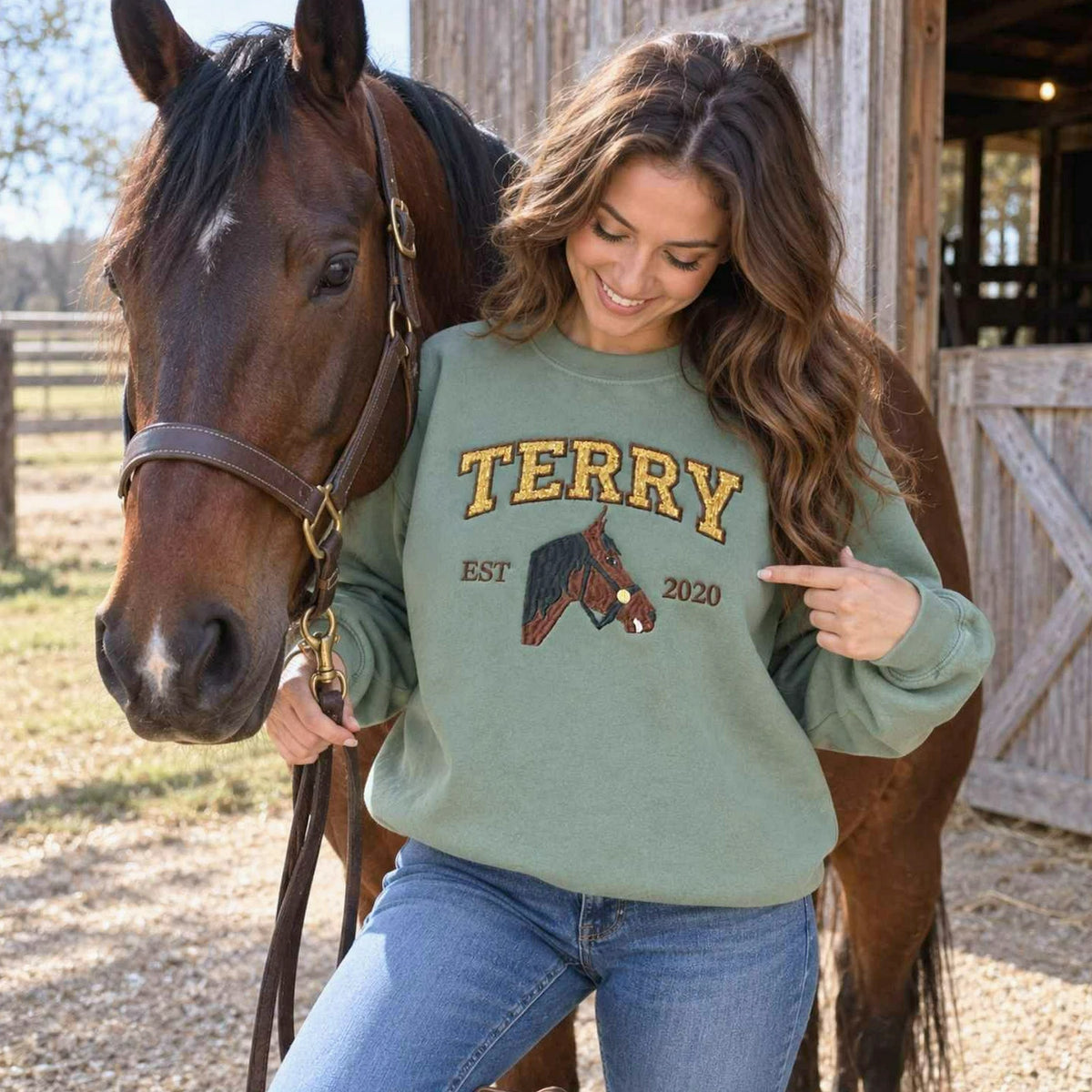 Custom Glitter Horse Portrait Sweatshirt, Embroidered Horse Girl Applique Crewneck, Western Cowboy Girls Gift