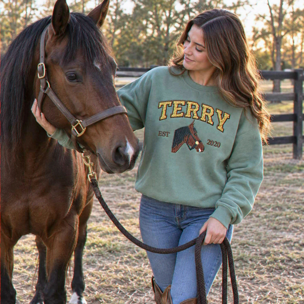 Custom Glitter Horse Portrait Sweatshirt, Embroidered Horse Girl Applique Crewneck, Western Cowboy Girls Gift