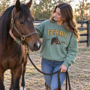Custom Glitter Horse Portrait Sweatshirt, Embroidered Horse Girl Applique Crewneck, Western Cowboy Girls Gift