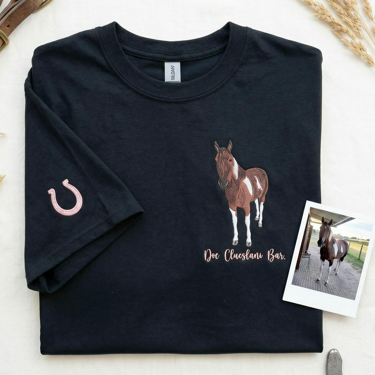 Custom Horse Portrait T-Shirt for Equestrian Gift - Embroidered Horse Dad Tee for Him