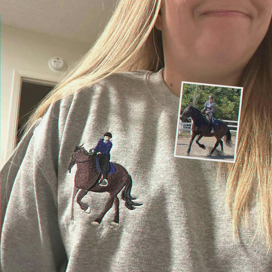 A personalized sport gray horse portrait sweatshirt made from your photo, designed as a wearable keepsake for riders, horse owners, and equestrian gift moments.
