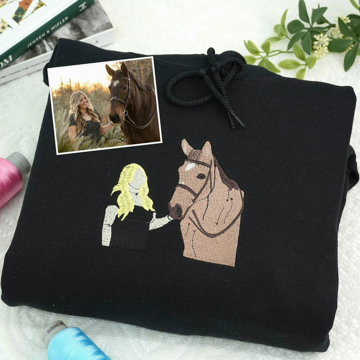 Custom Horse Portrait Embroidered Sweatshirt From Photo, Personalized Horse Lover Gift