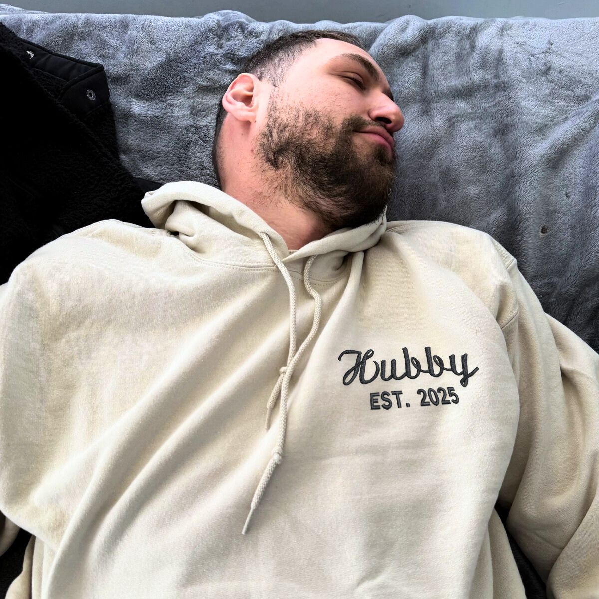 Cozy cream 'Hubby Est. 2025' hoodie, a personalized and stylish gift for husbands and newlyweds.