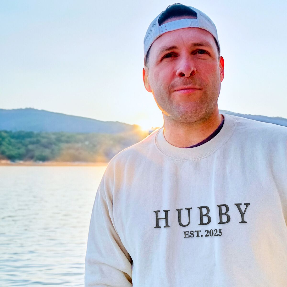 Beige 'Hubby EST. 2025' sweatshirt with bold embroidery, a stylish and sentimental gift for newlywed husbands or anniversaries.