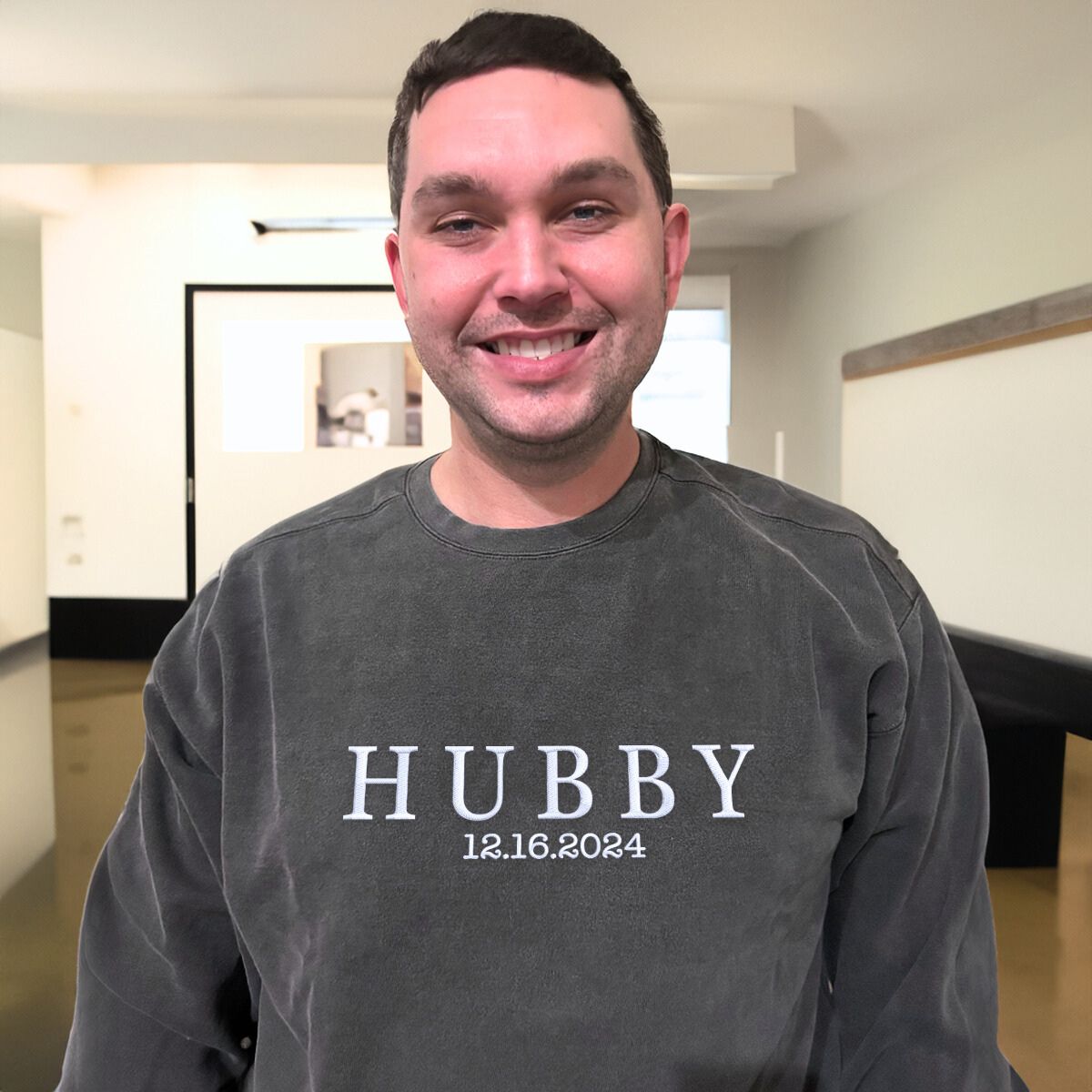 Grey 'Hubby 12.16.2024' sweatshirt with elegant embroidery, a sentimental anniversary or wedding gift for husbands.