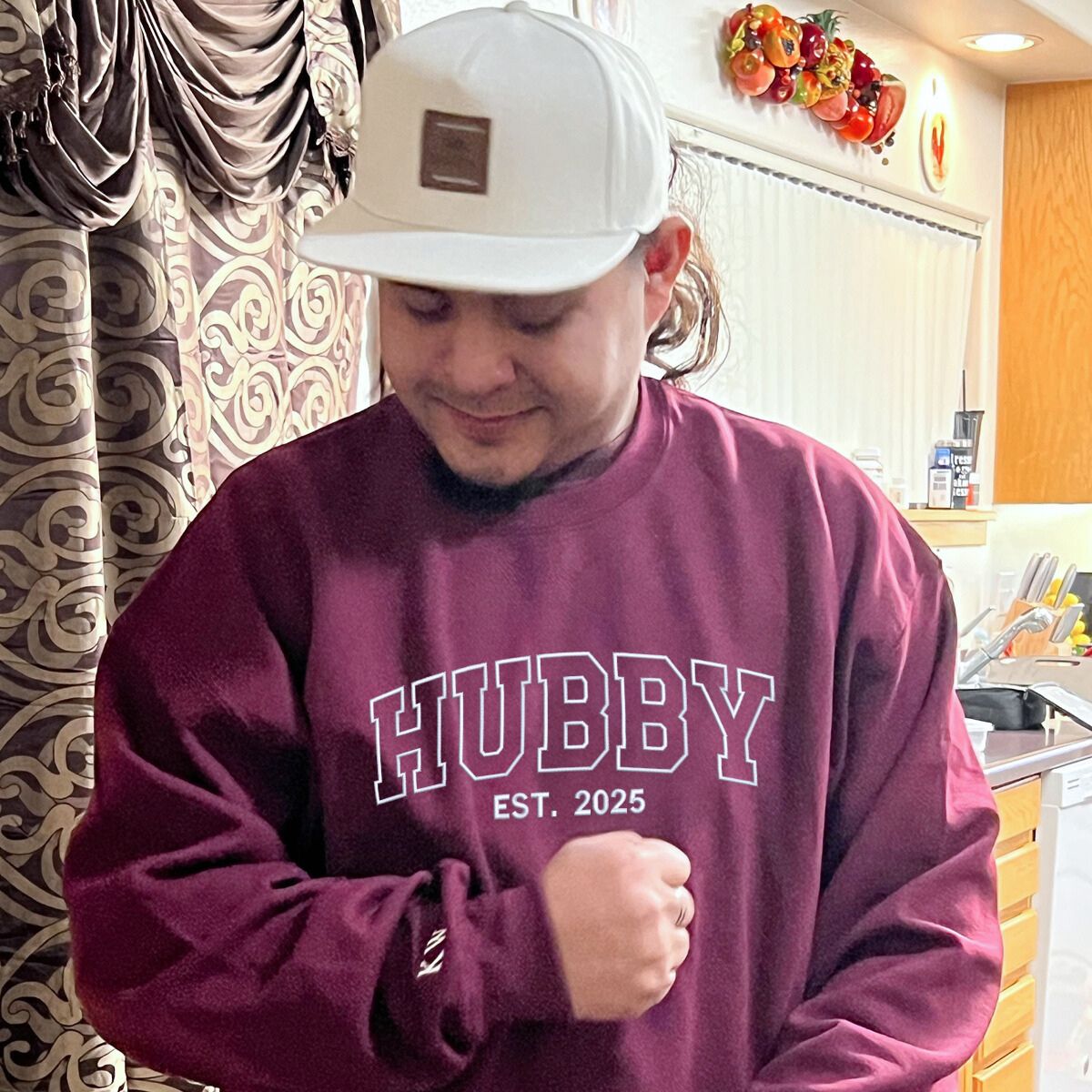 Maroon 'Hubby EST. 2025' sweatshirt with custom embroidery, a stylish and cozy gift for husbands on anniversaries or weddings.