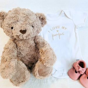 Soft embroidered “I Love My Pops” baby onesie, perfect newborn baby shower gift for grandpa, cozy and cute