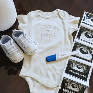 Soft embroidered “I Love My Pops” baby onesie, perfect newborn baby shower gift for grandpa, cozy and cute