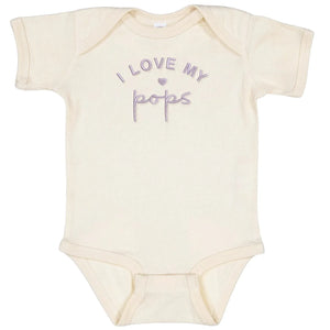 Soft embroidered “I Love My Pops” baby onesie, perfect newborn baby shower gift for grandpa, cozy and cute
