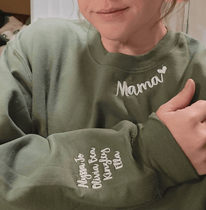 Custom Embroidered Auntie Bear Sweatshirt on Neckline with Children Name on Sleeve