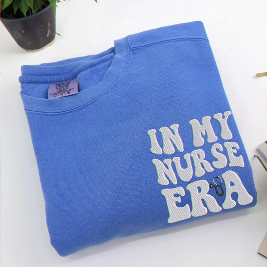 Personalized In My Nurse Era Sweatshirt, Embroidered Era Themed with Custom on Sleeve, First Time Nurse Gift