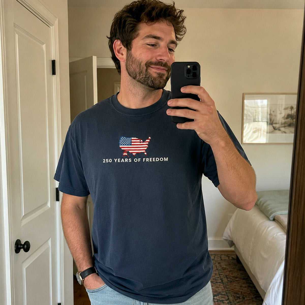 Independence Day Embroidered Tee, USA 250 Years T-Shirt - America 250th Anniversary