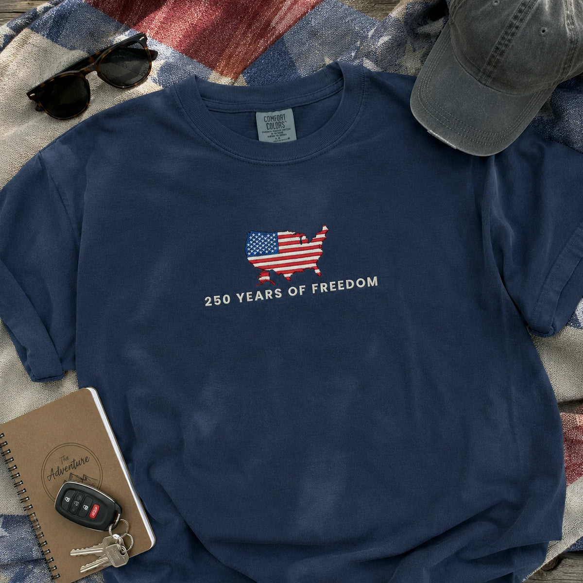 Independence Day Embroidered Tee, USA 250 Years T-Shirt - America 250th Anniversary