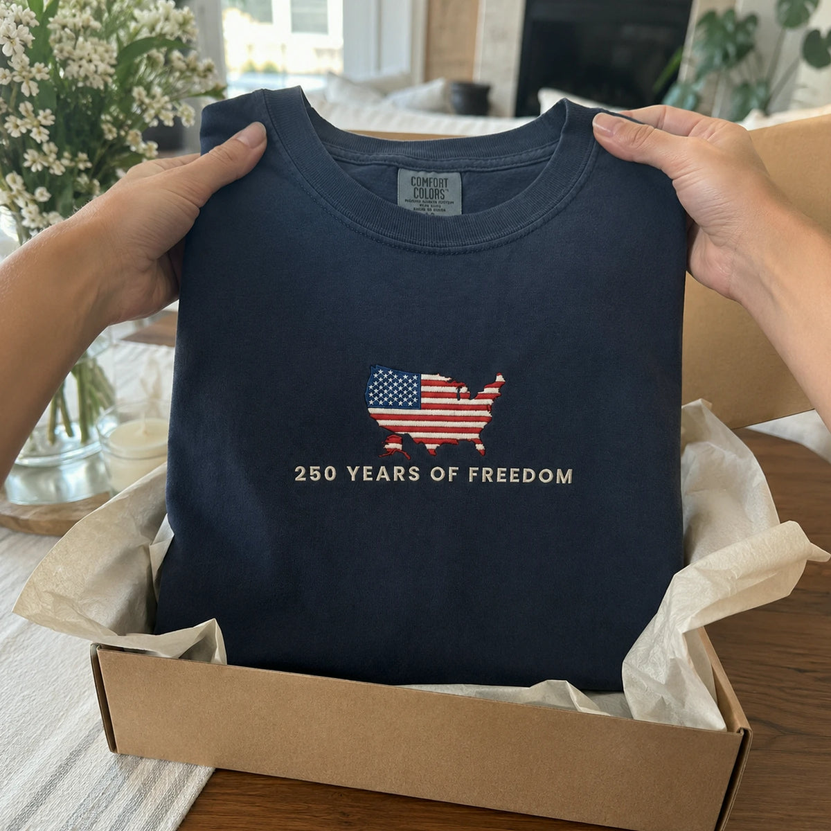 Independence Day Embroidered Tee, USA 250 Years T-Shirt - America 250th Anniversary