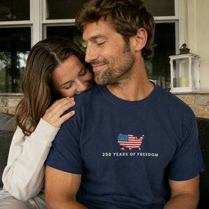 Independence Day Embroidered Tee, USA 250 Years T-Shirt - America 250th Anniversary