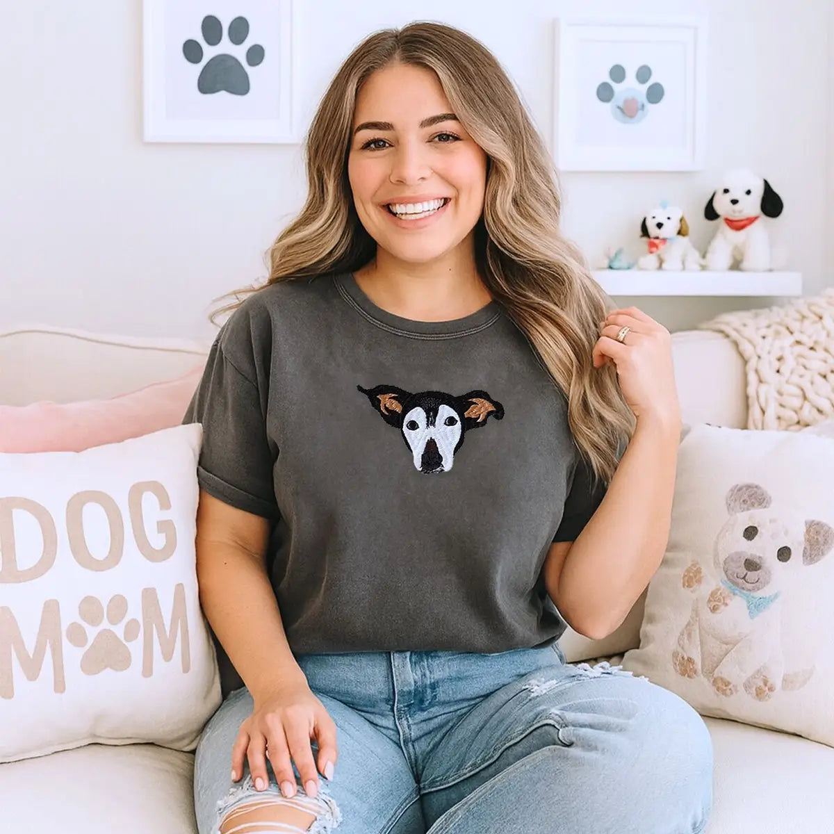 Custom embroidered Italian Greyhound portrait shirt for dog moms with personalized text on sleeve