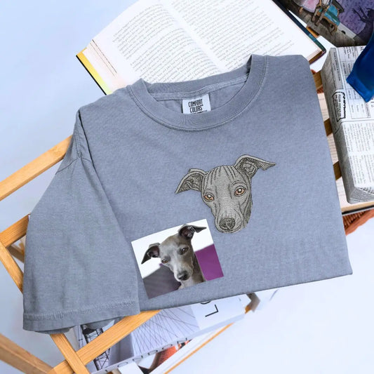 Custom embroidered Italian Greyhound portrait shirt for dog moms with personalized text on sleeve