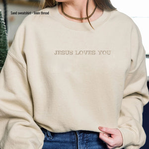 Jesus Loves You Embroidered Sweatshirt, Custom Christian Hoodie with Cross on Sleeve, Unique Religious Gifts