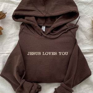 Jesus Loves You Embroidered Sweatshirt, Custom Christian Hoodie with Cross on Sleeve, Unique Religious Gifts