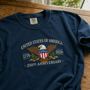 July 4th America 250th Anniversary T-Shirt - Embroidered Independence Day Patriotic Eagle Tee