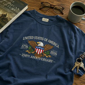 July 4th America 250th Anniversary T-Shirt - Embroidered Independence Day Patriotic Eagle Tee