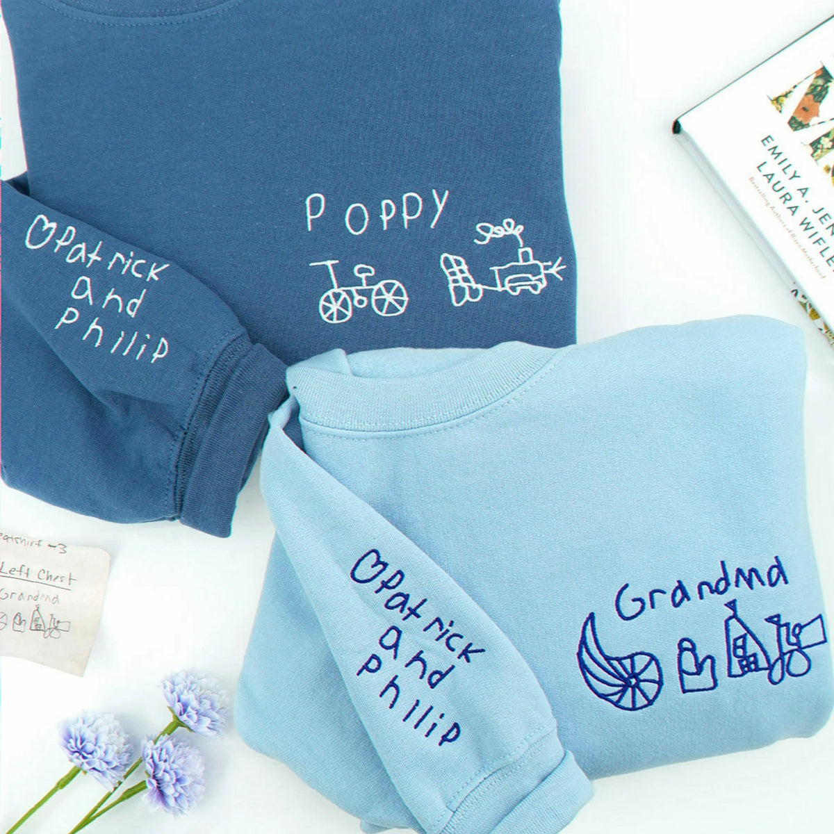 A sweet grandparents gift made from real kids’ art, names, or handwriting, embroidered onto a light blue sweatshirt