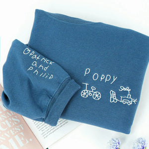 Custom Grandma Grandpa Matching Sweatshirts With Embroidered Kids Drawing and Handwriting, Grandparents Gift