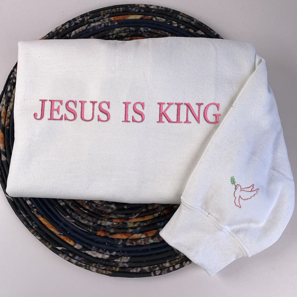 Embroidered Jesus Is King Sweatshirt with Custom Text on Sleeve