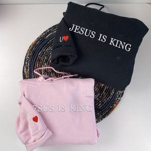 Embroidered Jesus is king Sweatshirt or Hoodie with Cross Floral on Sleeve