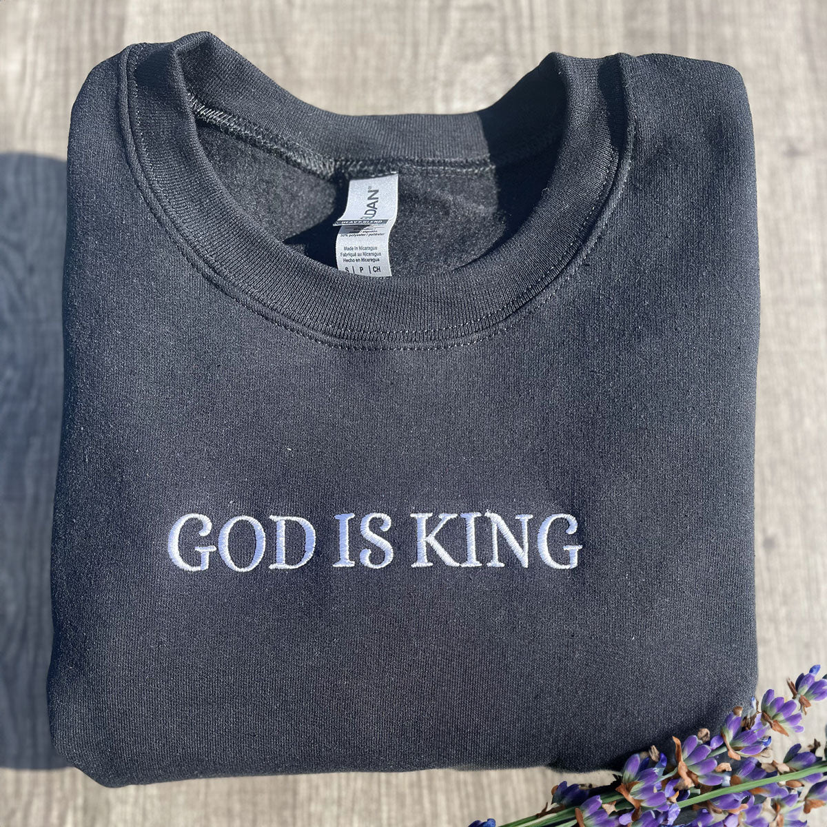 Embroidered Jesus Is King Sweatshirt with Custom Text on Sleeve