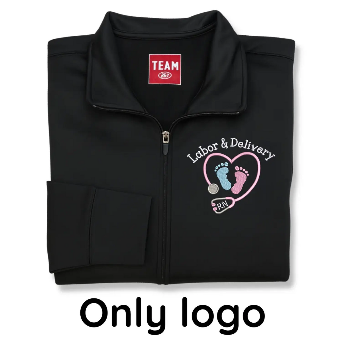 Embroidered labor and delivery nurse jacket with name and title