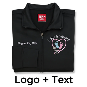 Embroidered labor and delivery nurse jacket with name and title
