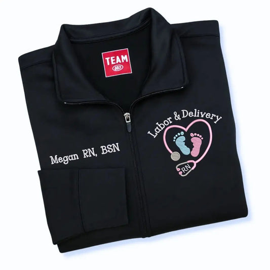 Embroidered labor and delivery nurse jacket with name and title
