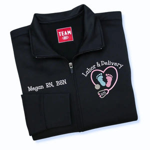 Embroidered labor and delivery nurse jacket with name and title
