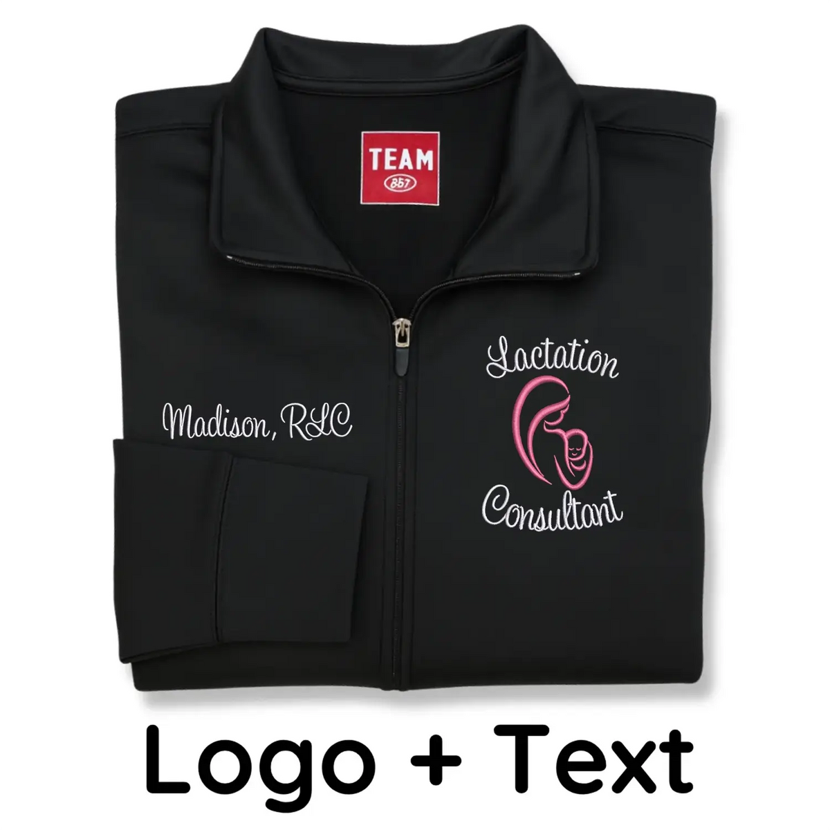Custom embroidered lactation consultant jacket with name and IBCLC title