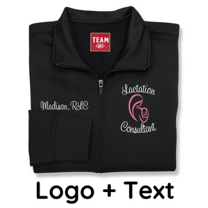 Custom embroidered lactation consultant jacket with name and IBCLC title