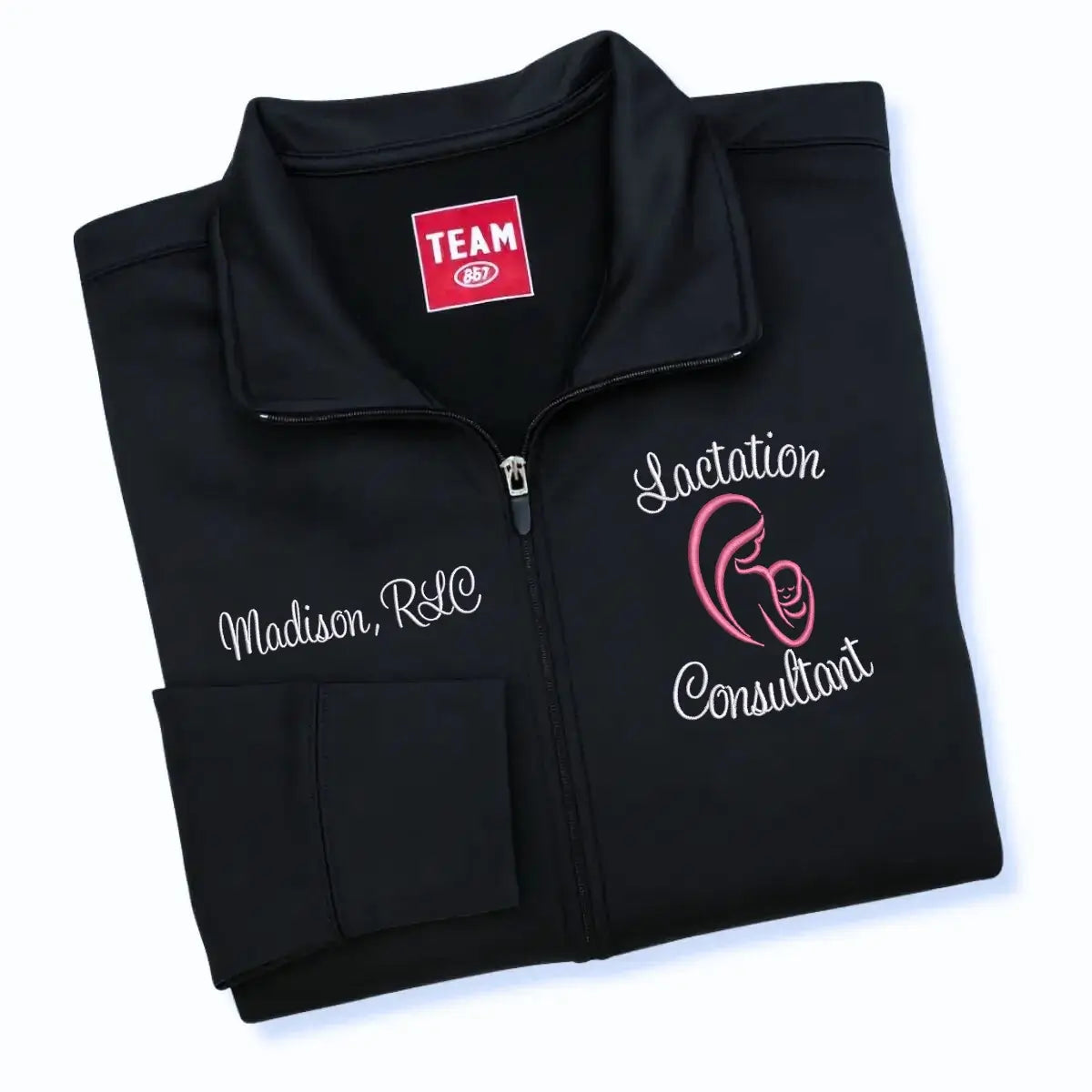 Custom embroidered lactation consultant jacket with name and IBCLC title